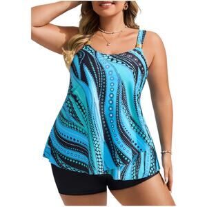 Hanna Nikole Blue Modest Flowy Wrap Waist Boy Short Tankini Set Size 2XL NWT